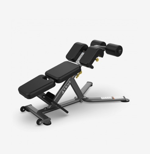Unique dual-function bench easily adjusts between Ab Crunch and 45-degree Back Extension. The 7-position thigh pad provides proper ergonomics during back extension.
