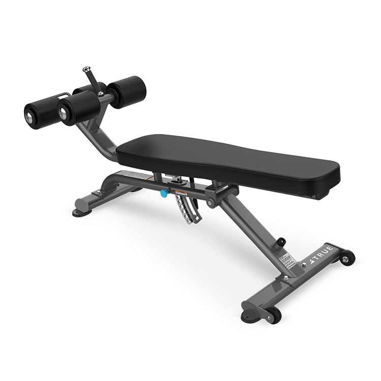 TRUE Fitness Ab/Decline Bench XFW-5300 Offering modern styling, high-quality construction, and time-tested innovative designs, XFW benches truly represent the best in form, function and reliability. ABDOMINAL/DECLINE BENCH XFW-5300 FEATURES • 9 adjustment settings ranging from -30 degrees to 10 degrees with 5 degree increments • Gas-cylinder assist for adjustment of back pad • Two sets of upholstered, foam rollers provide proper ankle and foot support • Heavy-duty ball-bearing wheels and lifting handle for easy movement • Floor anchor provisions in frame SPECIFICATIONS DIMENSIONS L X W X H 68" x 29" x 35" / 172cm x 73 cm x 88 cm PRODUCT WEIGHT 103 lbs / 47 kg COLOR Powder coat finish in charcoal. VINYL SEAT COLOR OPTIONS: 12 standard with custom colors available. FRAME COLOR OPTIONS: Custom Color options available.