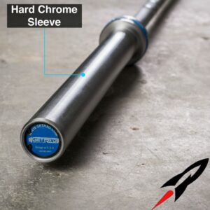 This 20KG Olympic Barbell features: - Lifetime Warranty - 216K PSI Tensile Strength - Hard Chrome Coating - Great Spin - Blue Band on the collar for easy identificationSpin and Coating - 2 Over-Sized Needle Bearings - 2 Over-Sized Oil-Impregnated Bushings - Impeccable Spin (See Video Tab) - Hard Chrome on sleeves and handle - Most rust resistant finish - Less MaintenanceHandle, Knurl, and Whip - 28mm Handle: better suited for your fast lifts and hook grips. Also what Olympic athletes train and compete with - Consistent, Well crafted knurl that extends to collar - Dual Knurling marks: for Olympic lifters or Power-liftersBuilt to competition standards: - 28 mm (olympic standard) - 20KG or 44LB. +/- 1% - 216K PSI Tensile Strength - Hard Chrome Coating - Dual Snap-Ring Design Construction - 2 Over-Sized Needle Bearings - 2 Over-Sized Oil-Impregnated Bushings.
