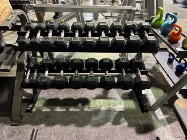 TKO VTX Two Tier Dumbbell Rack with 5-50 LB Rubber Hex Dumbbells