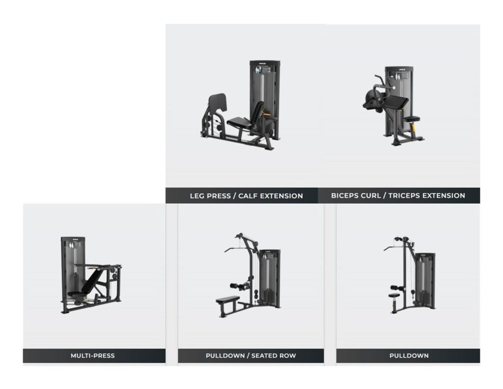The Precor Vitality™ Series Selectorized Line provides a compact, value-priced conditioning circuit that fits the space and budget requirements for a wide range of facilities, from hospitality to multi-family residential to community centers. New contemporary styling allows you to enhance the Vitality Selectorized strength training experience with pieces from Vitality Benches & Racks and Resolute Strength™ Selectorized. 6 PIECE CURCUIT Includes BICEPS CURL / TRICEPS EXTENSION MULTI-PRESS PULLDOWN / SEATED ROW PULLDOWN LEG CURL / LEG EXTENSION LEG PRESS / CALF EXTENSION Precor Vitality™ Series Selectorized Line (5 Pieces)