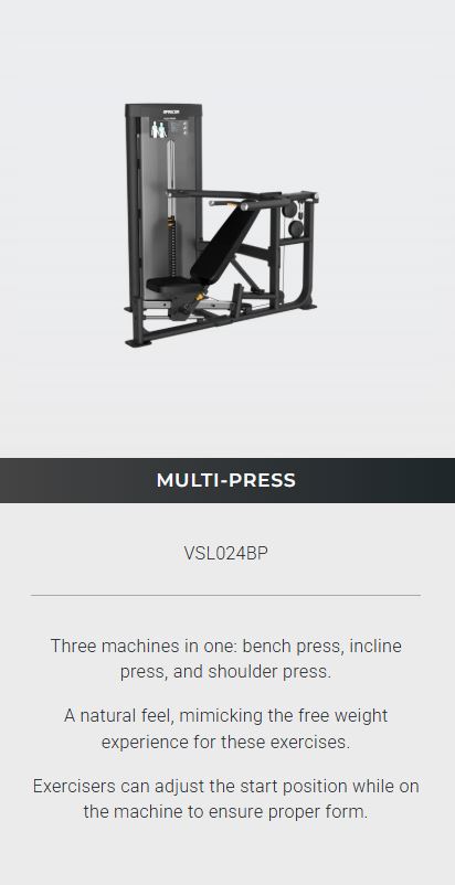 The Precor Vitality™ Series Selectorized Line provides a compact, value-priced conditioning circuit that fits the space and budget requirements for a wide range of facilities, from hospitality to multi-family residential to community centers. New contemporary styling allows you to enhance the Vitality Selectorized strength training experience with pieces from Vitality Benches & Racks and Resolute Strength™ Selectorized. 6 PIECE CURCUIT Includes BICEPS CURL / TRICEPS EXTENSION MULTI-PRESS PULLDOWN / SEATED ROW PULLDOWN LEG CURL / LEG EXTENSION LEG PRESS / CALF EXTENSION Precor Vitality™ Series Selectorized Line (5 Pieces)