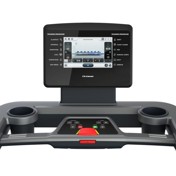 Front-three-quarters view of the Octane OC100 treadmill featuring a black frame, running belt, and an integrated 10-inch HD touchscreen