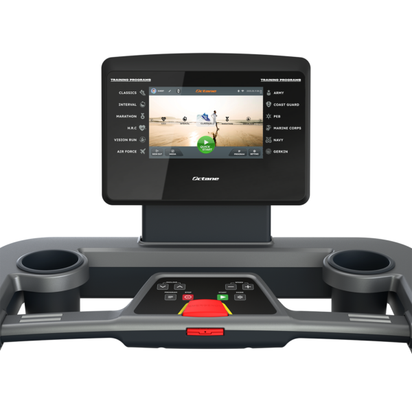 Front-three-quarters view of the Octane OC100 treadmill featuring a black frame, running belt, and an integrated 10-inch HD touchscreen