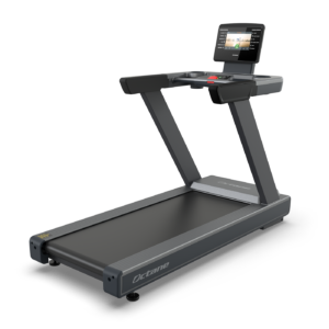 Front-three-quarters view of the Octane OC100 treadmill featuring a black frame, running belt, and an integrated 10-inch HD touchscreen