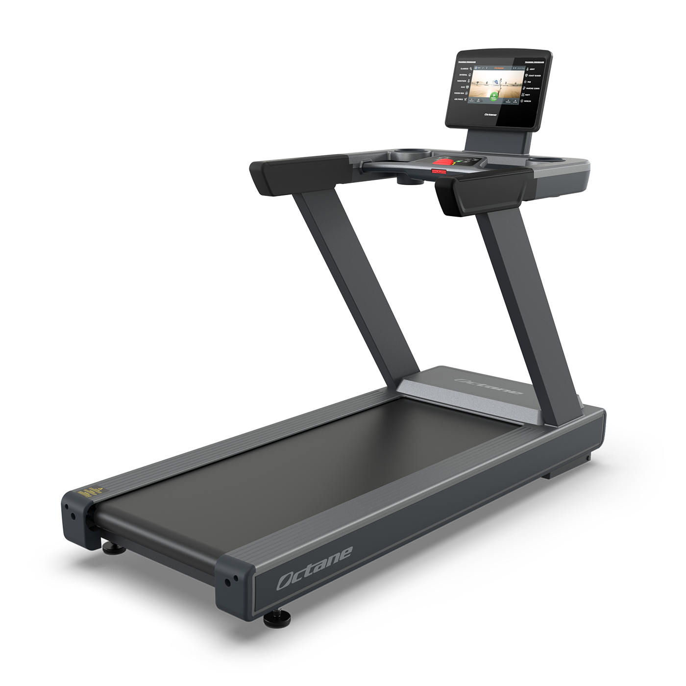 Front-three-quarters view of the Octane OC100 treadmill featuring a black frame, running belt, and an integrated 10-inch HD touchscreen