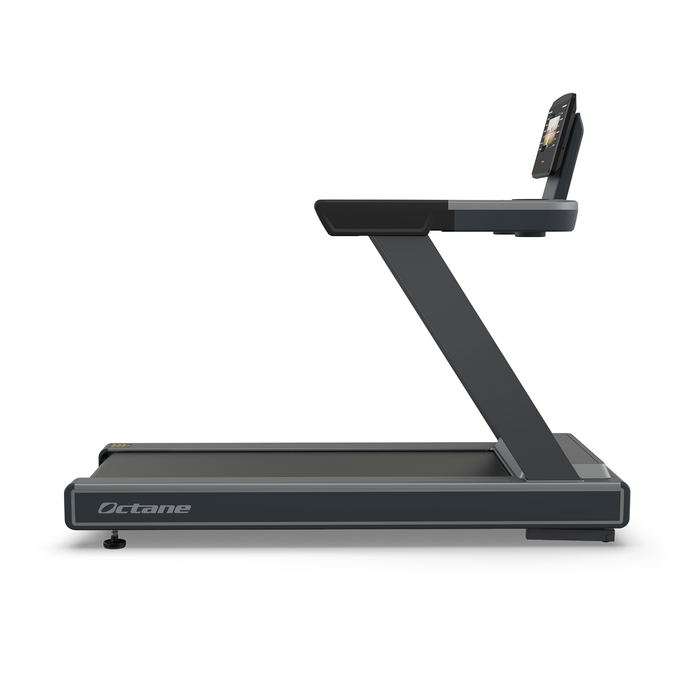 Front-three-quarters view of the Octane OC100 treadmill featuring a black frame, running belt, and an integrated 10-inch HD touchscreen