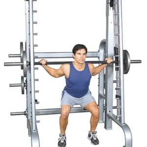 FEI Inflight Counter Balanced Smith Machine Counter Balanced Smith Machine features solid steel guide rods that are at a seven-degree angle for a more natural feel. The weight bar weighs 13 pounds with more weight that can be added from the six plate storage pegs. Specifications: Dimensions: 78.2" x 84" x 50" Weight: 546 lbs